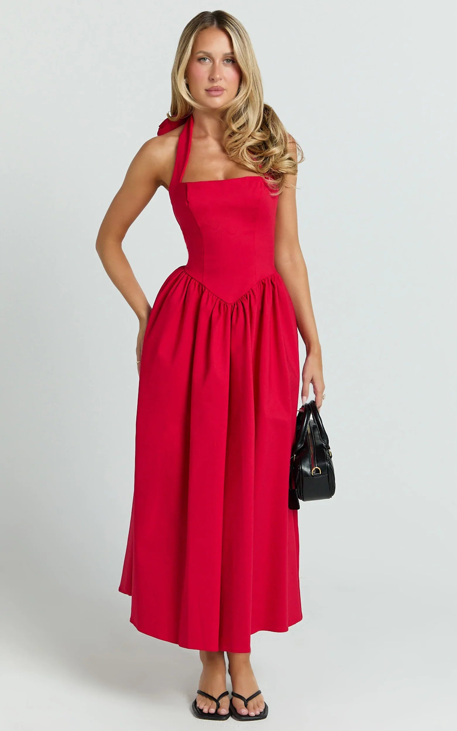 Helda Midi Dress - Halter Tie Neck Corset Panel Dress in Red